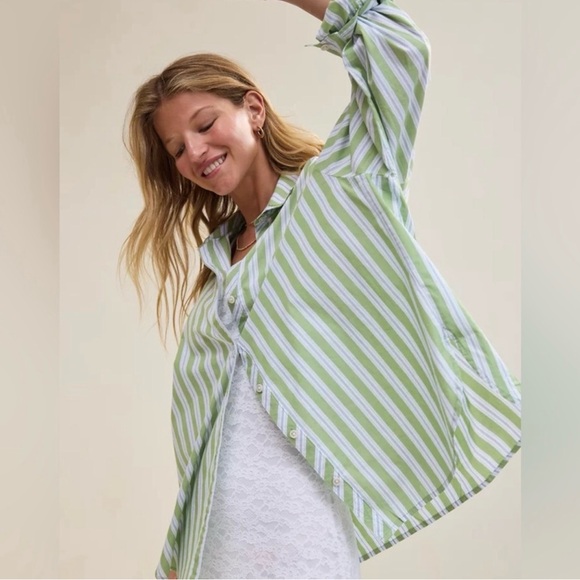 aerie Tops - Aerie Green Blue and White Striped Button-Up Shirt
